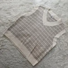 極美品✨2PINK ツーピンク【L】Vネック ニットベスト チェック ベージュ系