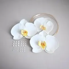 【胡蝶蘭とベージュ水引とパール】 髪飾り 白 卒業式 結婚式 和装 成人式　袴