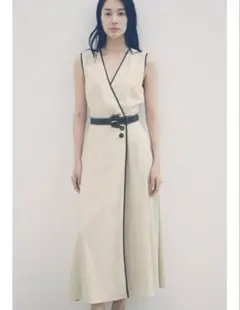 【美品】ZARA リネンベルト付きミディ丈ワンピース XS ライトベージュ