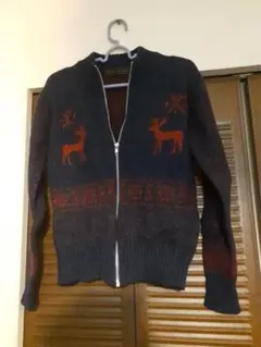 中古　ウール100%　 ジップアップセーター　CHEVIOT 紺　赤　ネイビー