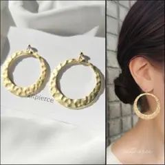 No.525 大ぶり マットゴールド デザインフープピアス イヤリング