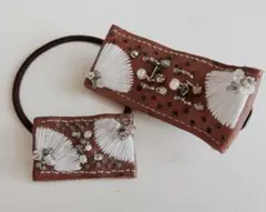 本革　インド刺繍風ヘアアクセサリーセット　ブラウンレザー