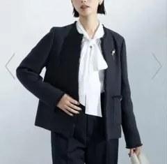 【試着のみ未使用】ツイードライク ノーカラー ジャケット　グリーンレーベル