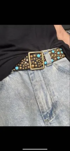 スタッズベルト　真鍮　y2k ターコイズ　ヴィンテージ　本革 HTC似