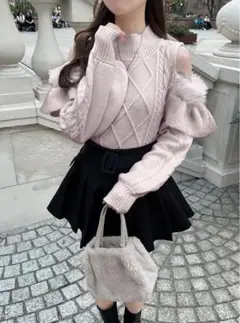 フェザーショルダーオープンニットトップス[tt012]