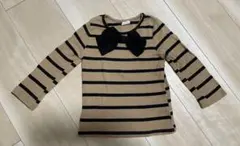 長袖カットソー ベージュ×黒ストライプ　リボン付き