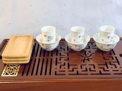 中国茶器　湯呑み3セット➕竹コスター3枚茶碗景徳鎮茶器伊万里焼き茶道具皿急須
