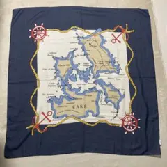 処分　ファンタジーマップ柄 スカーフ 大判 ネイビー×ベージュ