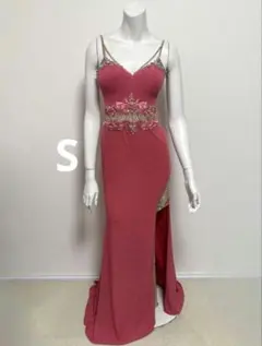 美品！ピンク ビーズ装飾 スリットドレス Sサイズ