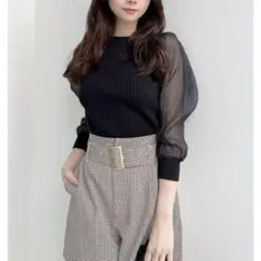 ニット カットソー シアー パフスリーブ 黒