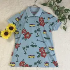 【美品】 ルコックスポルティフ　アクアブルー　半袖　ポロシャツ　総柄　Mサイズのサムネイル