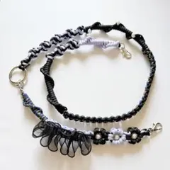 3way スマホショルダー＆ハンドストラップ フリルラベンダー×ネイビーラメ×黒