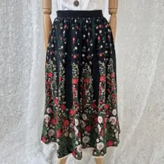 BABYLONE ドットフレアスカート ブラック インド 刺繍 ロング フレア