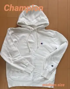 【M】Champion　ロゴ プルオーバーフーディー オートミール　ホワイト　白