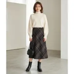 チェック柄ロングスカート 秋冬昭和 레트로 茶色ブラウン系 膝丈ミモレ丈 AラインM