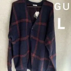 GU ネイビー チェック柄 カーディガン L ブラッシュドヤーン　新品