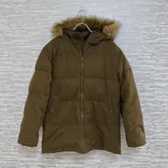 ユニクロ✨ダウンジャケット カーキ リブ袖 暖か　コート　フード　ファー付き