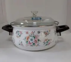 ホーロー鍋　両手鍋　花柄　 ガラス蓋付き　 未使用　昭和レトロ