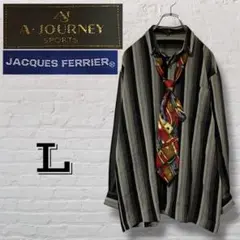 シャツ+ネクタイ　グレー×ブラック　ストライプ　マルチカラー　幾何学模様