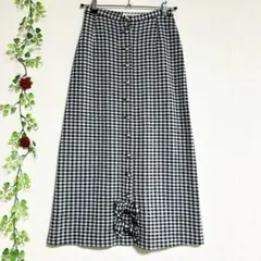 美品KANEKO ISAOギンガムチェックニットロングスカートリボンパールボタン