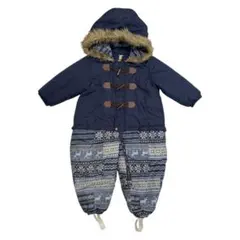 ネイビー×マスタード フードファー スノーウェア つなぎ アウター カバーオール