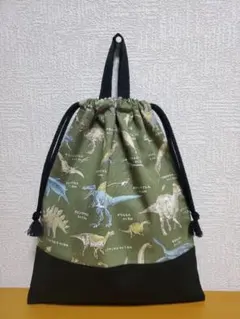 持ち手付き巾着袋 上靴入れ お道具袋 G恐竜の大きさ比べ ブラック