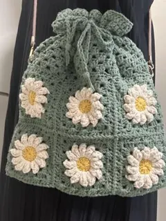 ハンドメイド かぎ編み巾着ポシェット お花モチーフ グラニースクエア