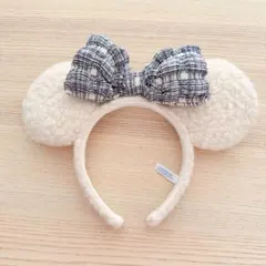 ディズニーカチューシャ　もこもこアイボリー　チェック　ワッフル　ベージュ