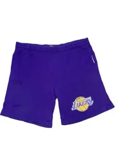 【90s・日本製】NBA 公式 レイカーズ スウェットショーツ 紫 Lサイズのサムネイル