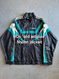90s adidas ナイロンジャケット ブラック マルチカラー XL 刺繍ロゴ