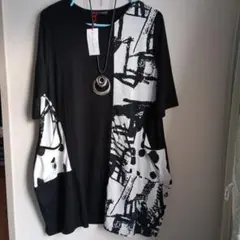 アシンメトリック グラフィック 半袖チュニック　タグ付け　伸縮製