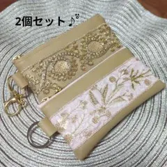 ハンドメイド インド刺繍リボン 内布付き ミニポーチ 2個セット♪̊̈