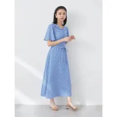 青い花柄 半袖ロングワンピース