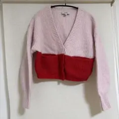 COS カーディガン ニット ピンク 赤 カラーブロック ショート クロップド