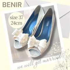 BENIRベニル ウェディングシューズ 37 24cmレース リボン パンプス