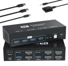 DP KVM SWITCH 8K 60Hz デュアルモニター、ケーブル
