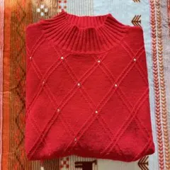 赤ニット　長袖ニット　セーター　ラインストーン