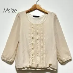 アンタイトル シフォンブラウス M ベージュ 七分袖 金糸ピンタック
