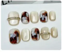 ハンドメイドネイルチップ アートくすみベージュ ・現品・Sサイズ