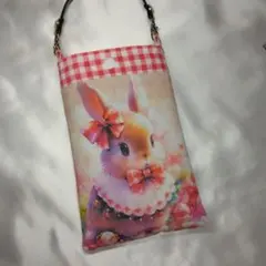 携帯用スマホポーチ ハンドメイドうさぎイラストポーチ パネル生地