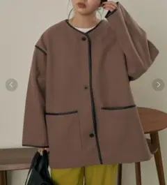 新品★アントマリーズ パイピングノーカラーショートコート ブラウンL