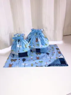 昆虫ブルーチェック　入園入学3点セット　ランチ　ハンドメイド