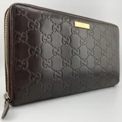 ◇美品◇グッチ シマレザー ロゴプレート 長財布 ダークブラウン