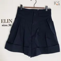 A11-038 エリン キュロットパンツ 36 紺 プリーツ 無地 折り上げ