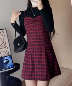 チェック柄ミニキャミワンピース(赤)(ネイビー)