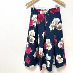 【グレイル】フラワープリントフレアスカート　M　青ブルー系　花総柄　エレガント