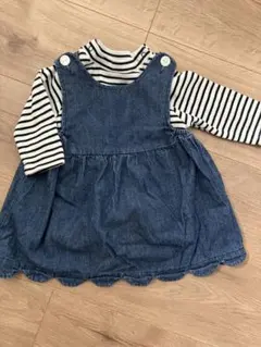 petit main デニムジャンバースカートとストライプボディスーツセット80