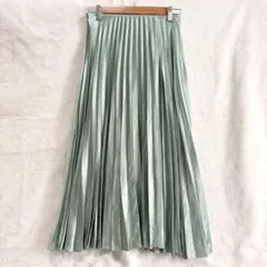 ZARA プリーツスカート ロング 光沢 サテン調 グリーン オケージョン S