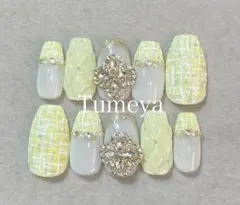 ネイルチップ　黄色　イエロー　ツイード　推し　大人　フレンチ　ガーリー　韓国