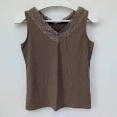 ブラウン リブ タンクトップ レースネック